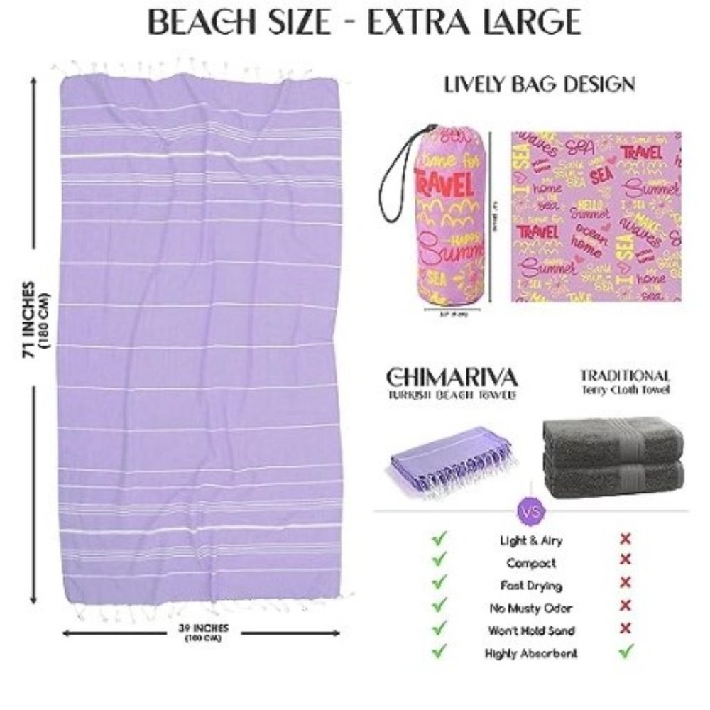 Oversized 100% Turkish Cotton Beach Towel w/ Matching Travel Bag - Picture 3 of 7